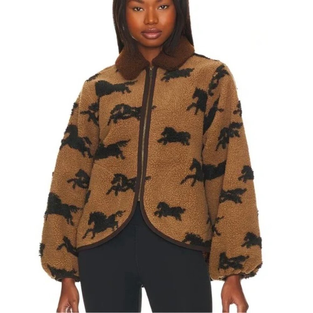 THE GREAT. Brown and Black Horse-Print Sherpa Zip Jacket